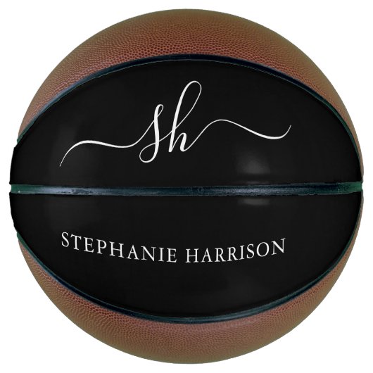 Zwart Wit Aangepaste Naam Monogram Basketbal (Voorkant)