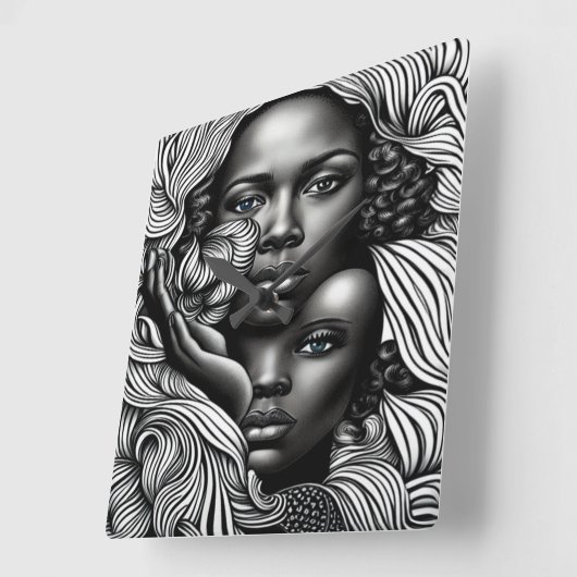 Zwart & Wit Abstract Afro-Amerikaanse Vrouwen Vierkante Klok (Hoek)