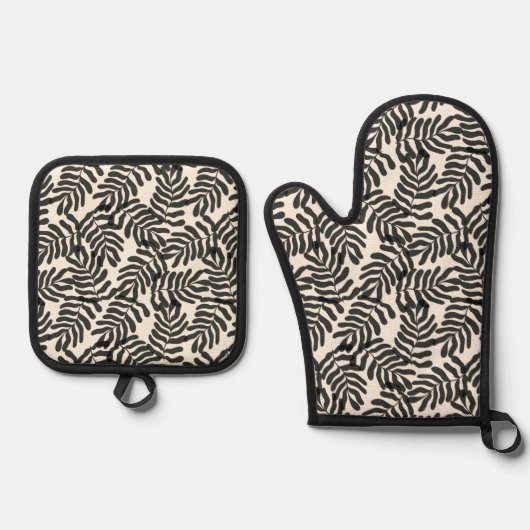 Zwart-wit abstract blad patroon ovenwant & pannenlap set (Voorkant)