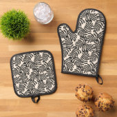 Zwart-wit abstract blad patroon ovenwant & pannenlap set (Top down)