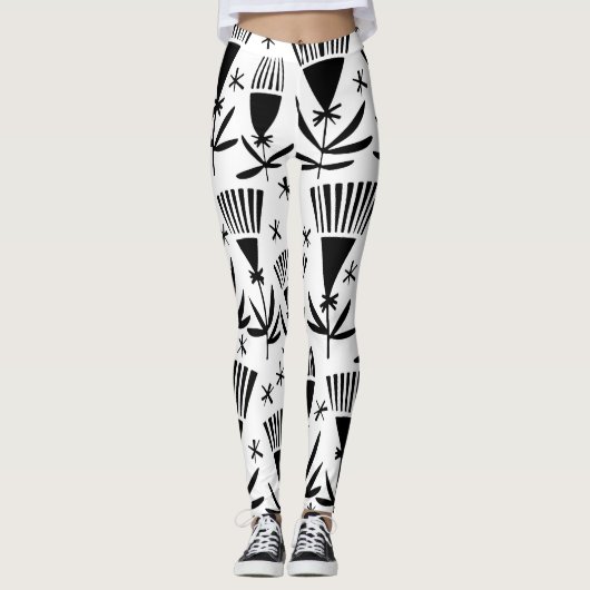 Zwart Wit Abstract Bloemen: Elegant Patroon Leggings (Voorkant)