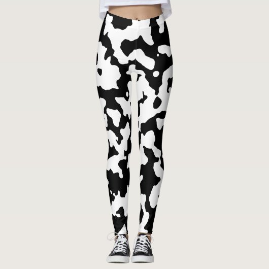 Zwart Wit Abstract Camo Koe Print Leggings (Voorkant)