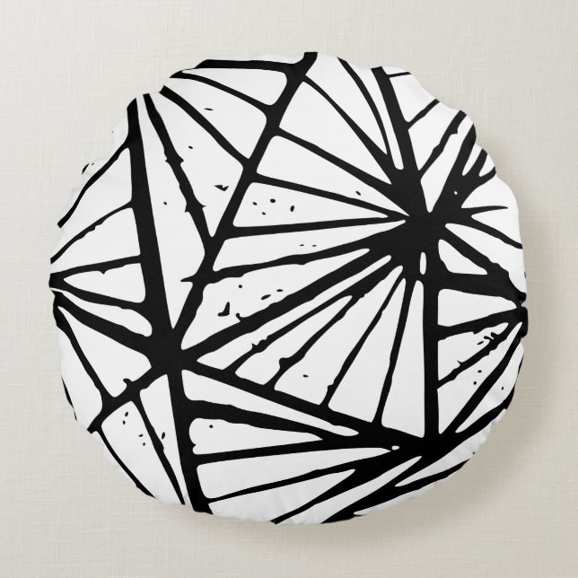 Zwart-wit Abstract Driehoeken Lino Cut Rond Kussen (Voorkant)