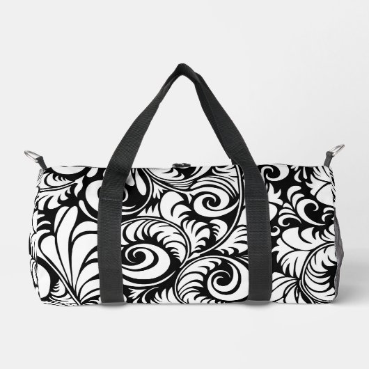 Zwart Wit Abstract Floral Prin Kleine Duffle Bag Plunjezak (Voorkant)