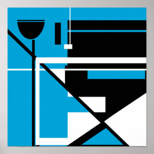 Zwart wit Abstract geometrisch op middelblauw Poster