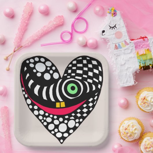 Zwart & wit abstract hart papieren bordje (Feest)