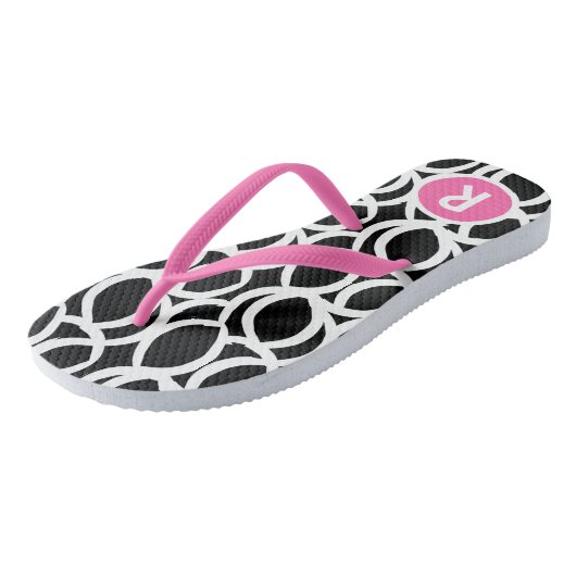 Zwart-wit Abstract Patroon Roze Monogram Teenslippers (Schuin)