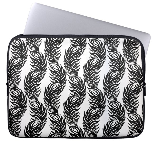 Zwart-wit abstract Peacockvederpatroon Laptop Sleeve (Voorkant)