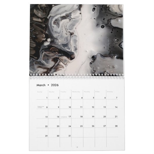 Zwart-wit Abstracte Fluid Art Kalender (Mar 2026)