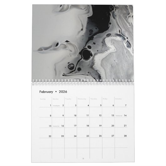 Zwart-wit Abstracte Fluid Art Kalender (Feb 2026)