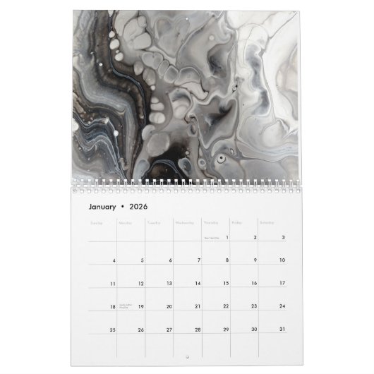 Zwart-wit Abstracte Fluid Art Kalender (Jan 2026)