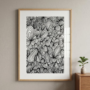Zwart-wit abstracte handgetekende krabbelkunst poster