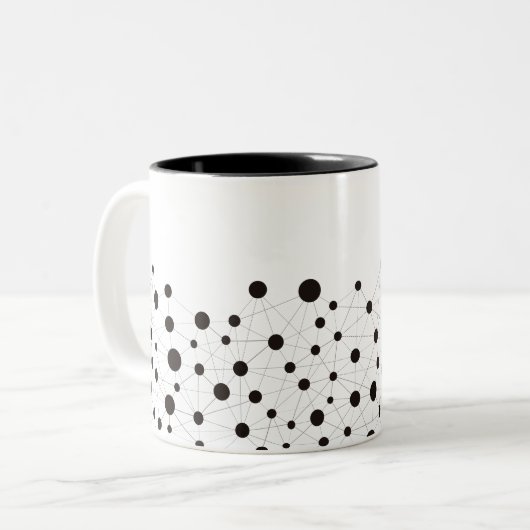 Zwart-wit abstracte lijnen en stippen tweekleurige koffiemok (Voorkant links)