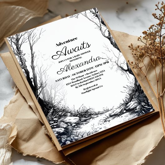 Zwart Wit Adventure Mountain Baby shower Kaart