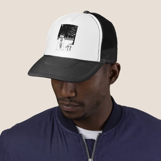 zwart-wit afbeelding van schattige sneeuwkerst trucker pet (In situ)