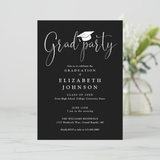 Zwart-wit Afstudeerder Party Script Afstuderen Kaart (Staand voorkant)