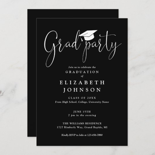 Zwart-wit Afstudeerder Party Script Afstuderen Kaart (Voorkant / Achterkant)