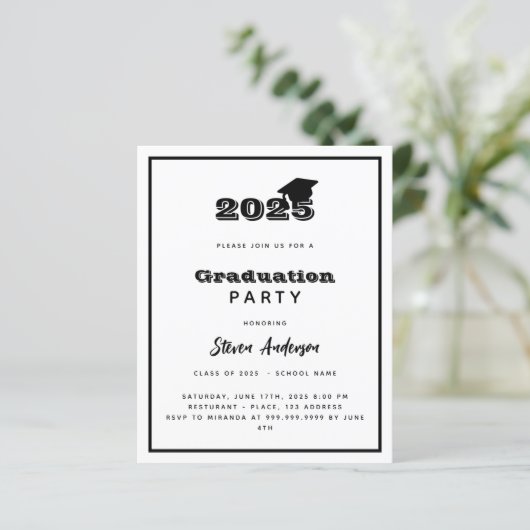 Zwart wit afstudeerfeest 2025 uitnodiging (Staand voorkant)