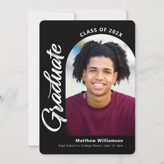 Zwart Wit Afstuderen 4 Foto Bold Arch Script Aankondiging (Voorkant)