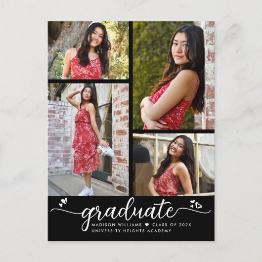 Zwart Wit Afstuderen 4 Foto Modern Script Hart Uitnodiging Briefkaart (Voorkant)