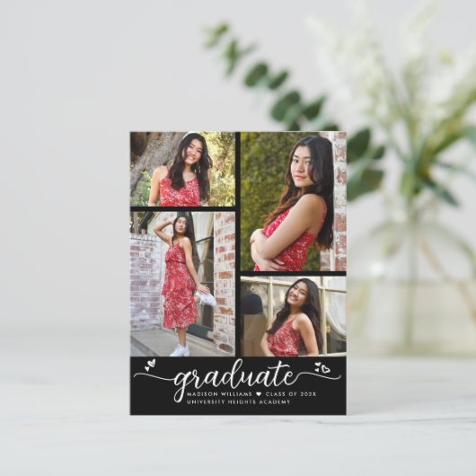 Zwart Wit Afstuderen 4 Foto Modern Script Hart Uitnodiging Briefkaart (Staand voorkant)