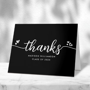 Zwart wit Afstuderen Chic Modern Script Heart Bedankkaart