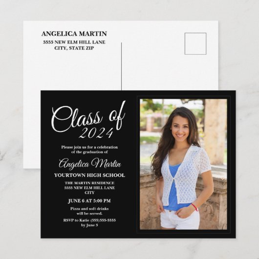 Zwart wit Afstuderen foto bekendmaking Uitnodiging Briefkaart (Voorkant / Achterkant)