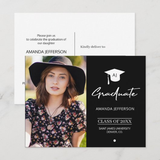 Zwart-wit Afstuderen | Monogramfoto Briefkaart (Voorkant / Achterkant)