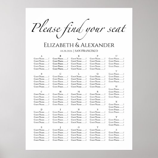 Zwart & Wit Alfabetische Huwelijkszitgrafiek Poster (Voorkant)