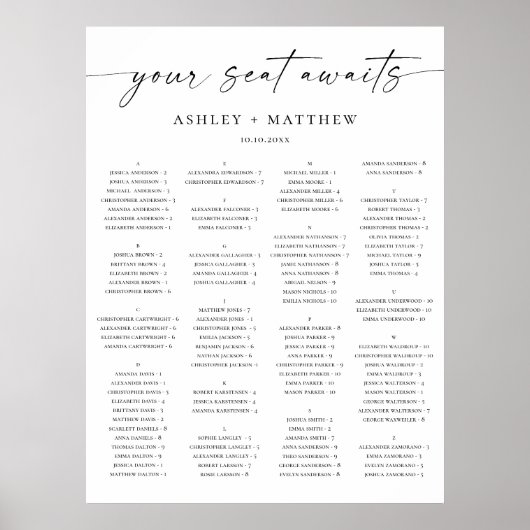 Zwart & Wit Alfabetische Huwelijkszitgrafiek Poster (Voorkant)