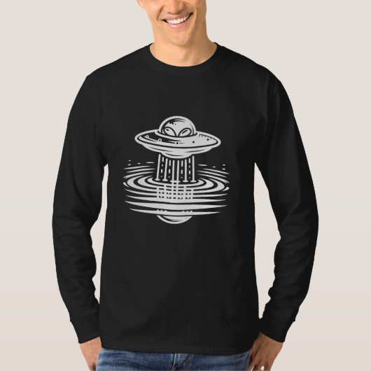 Zwart-wit Alien in UFO Air art T-shirt (Voorkant)