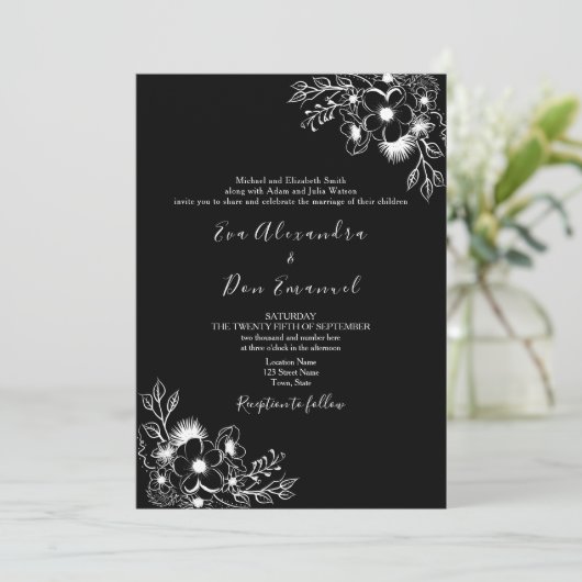 Zwart-wit Alles in één bruiloft uitnodiging (Staand voorkant)