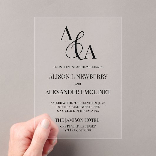 Zwart-wit Ampersand Modern Wedding Invitation Acryl Uitnodigingen (Insitu (Draagbaar))