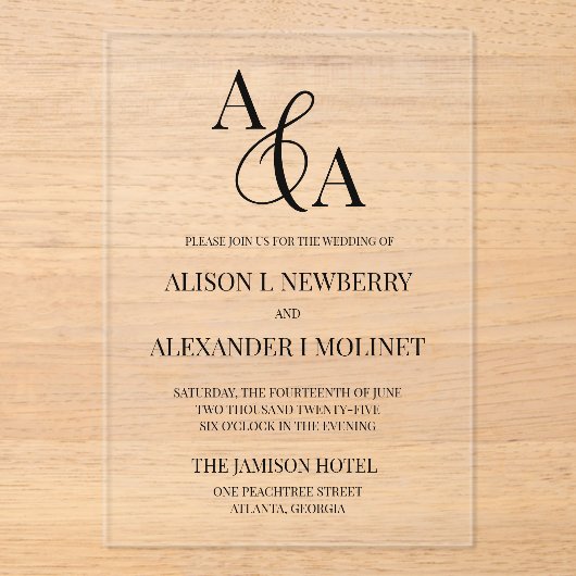 Zwart-wit Ampersand Modern Wedding Invitation Acryl Uitnodigingen (Voorkant)