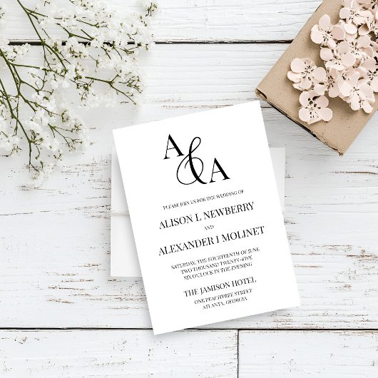 Zwart-wit Ampersand Modern Wedding Invitation Kaart