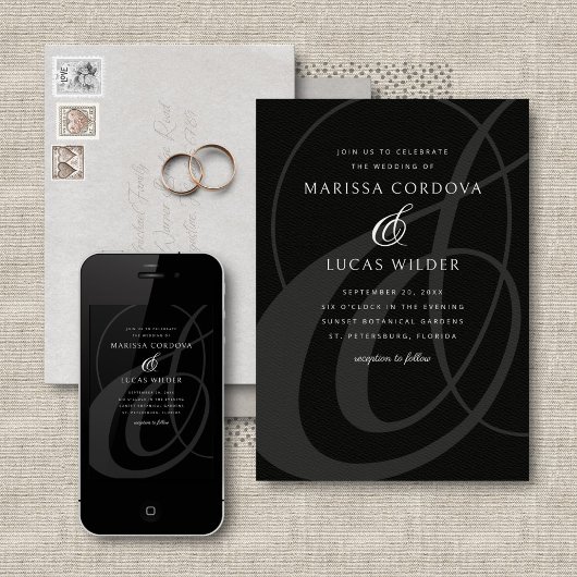 Zwart Wit Ampersand Script Calligrafie Wedding Kaart