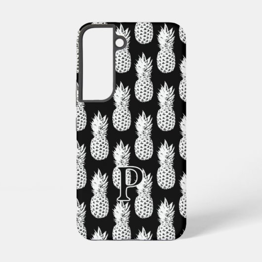 Zwart-wit ananaspatroon met eigen monogram samsung galaxy hoesje (Achterkant)