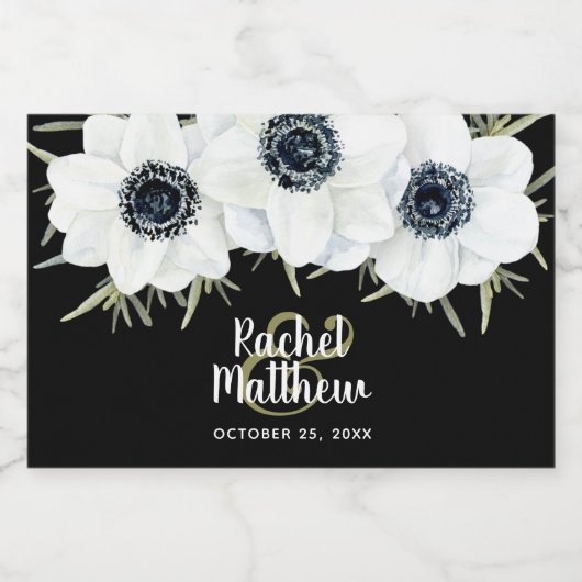 Zwart-wit Anemonen Bloemen Waterverf Mini Sparkling Wijnetiket (Enkel label)