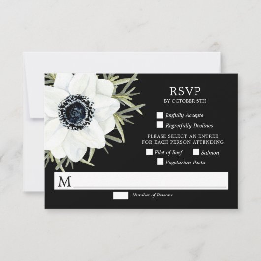 Zwart & Wit Anemonen Botanische Bruiloft RSVP Kaar (Voorkant)
