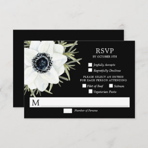Zwart & Wit Anemonen Botanische Bruiloft RSVP Kaar