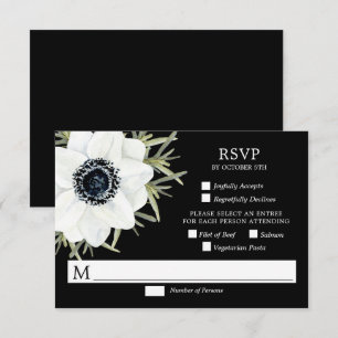 Zwart & Wit Anemonen Botanische Bruiloft RSVP Kaar Kaartje
