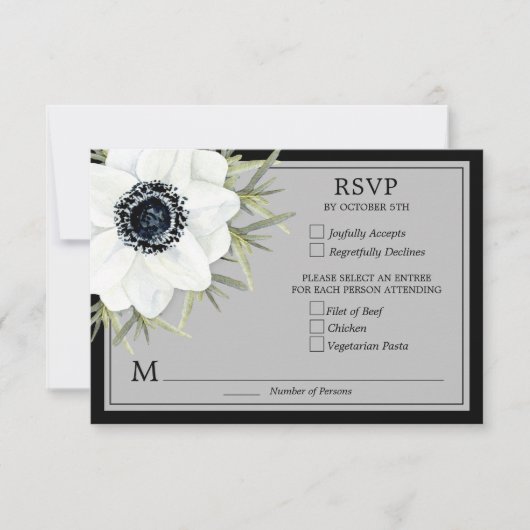 Zwart & Wit Anemonen Botanische bruiloft RSVP Kaartje (Voorkant)