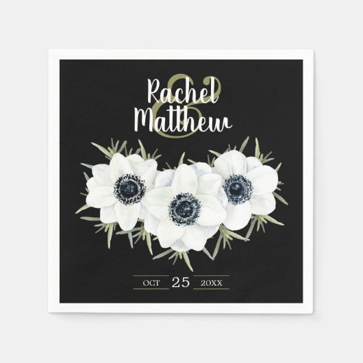 Zwart & Wit Anemonen Waterverf Bruiloft Servetten (Voorkant)