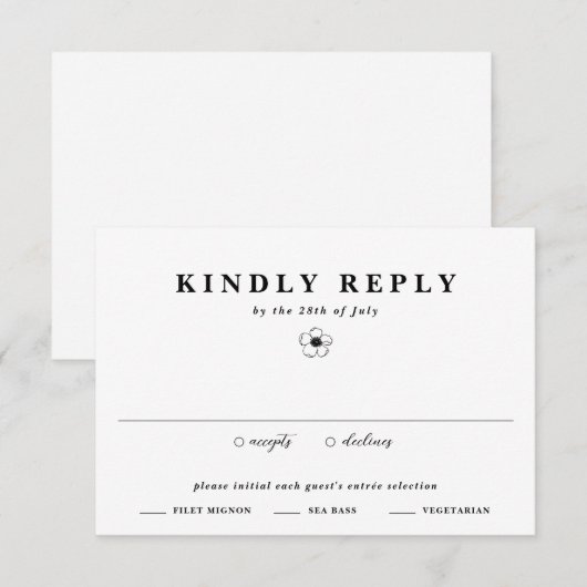 Zwart & wit Anemoon Bloem Ivoor Bloemen Huwelijk RSVP Kaartje (Voorkant / Achterkant)