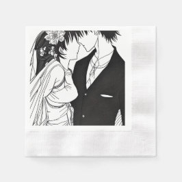Zwart-wit anime bruid en bruidegom bruiloft servet