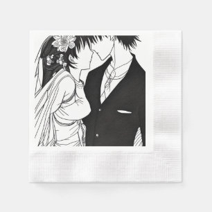 Zwart-wit anime bruid en bruidegom bruiloft servet