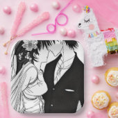 Zwart-wit Anime Bruid en Bruidegom Trouwen Papieren Bordje (Feest)