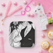 Zwart-wit Anime Bruid en Bruidegom Trouwen Papieren Bordje (Feest)