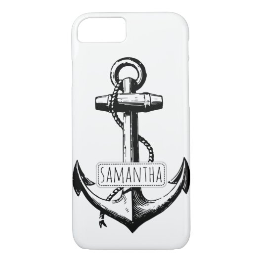 Zwart, wit  anker en naam nautisch Case-Mate iPhone case (Achterkant)