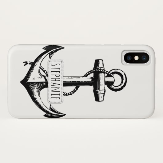 Zwart, wit anker en naam nautisch Case-Mate iPhone case (Achterkant (horizontaal))